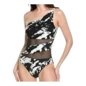 Carmen Marc Valvo One Shoulder Mesh Inset One Piece Swimsuit Splatter Print 14